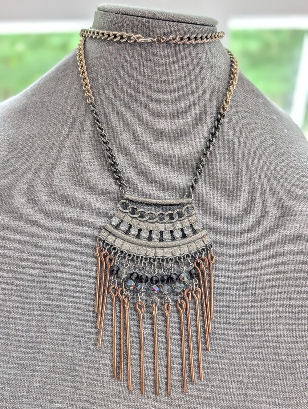 Vintage Large Tribal Beaded Abstract Tri Color Chain Statement Pendant Necklace